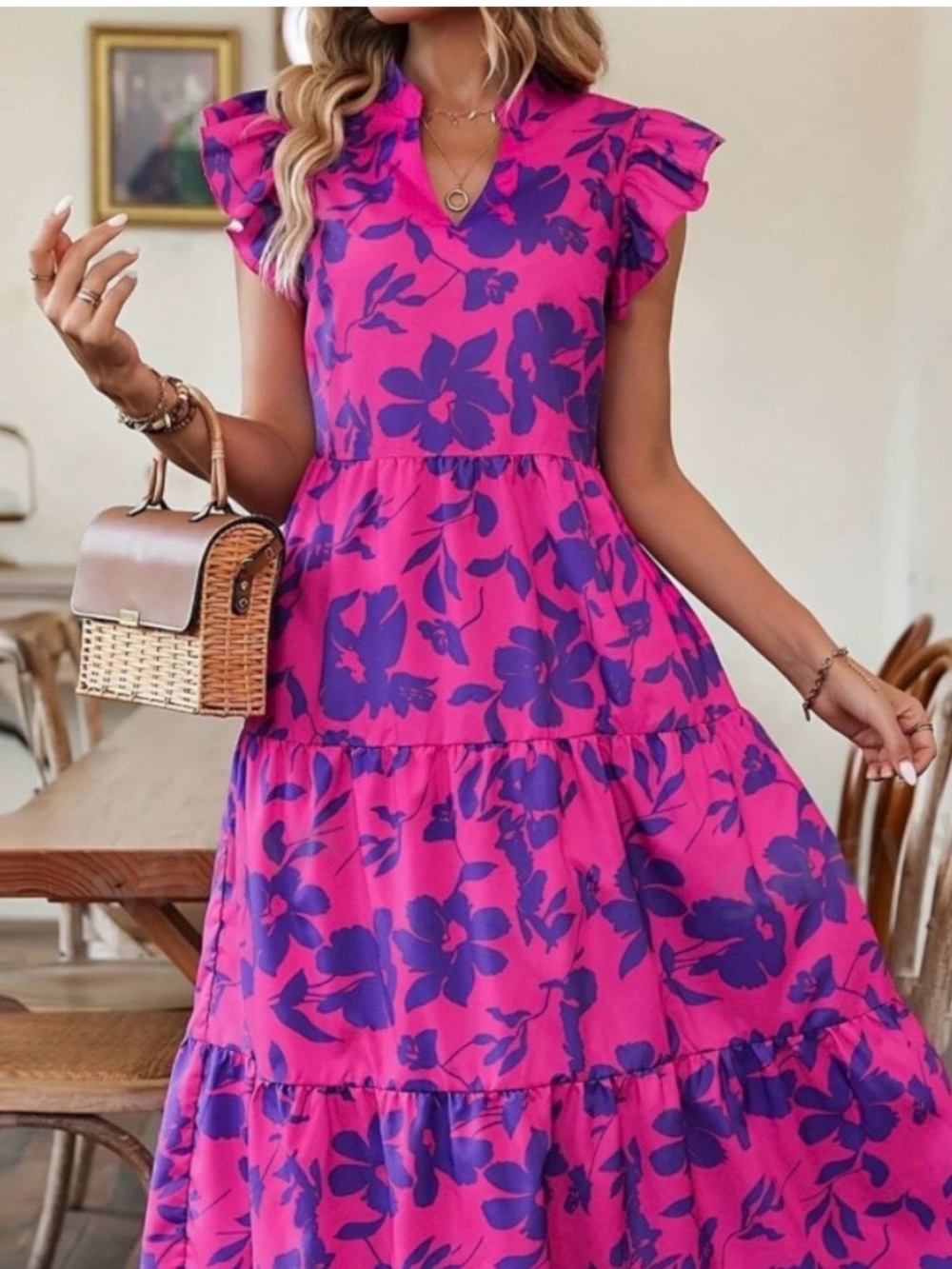 Flutter Sleeve Tiered Maxi Dress - Fuchsia with Purple Floral